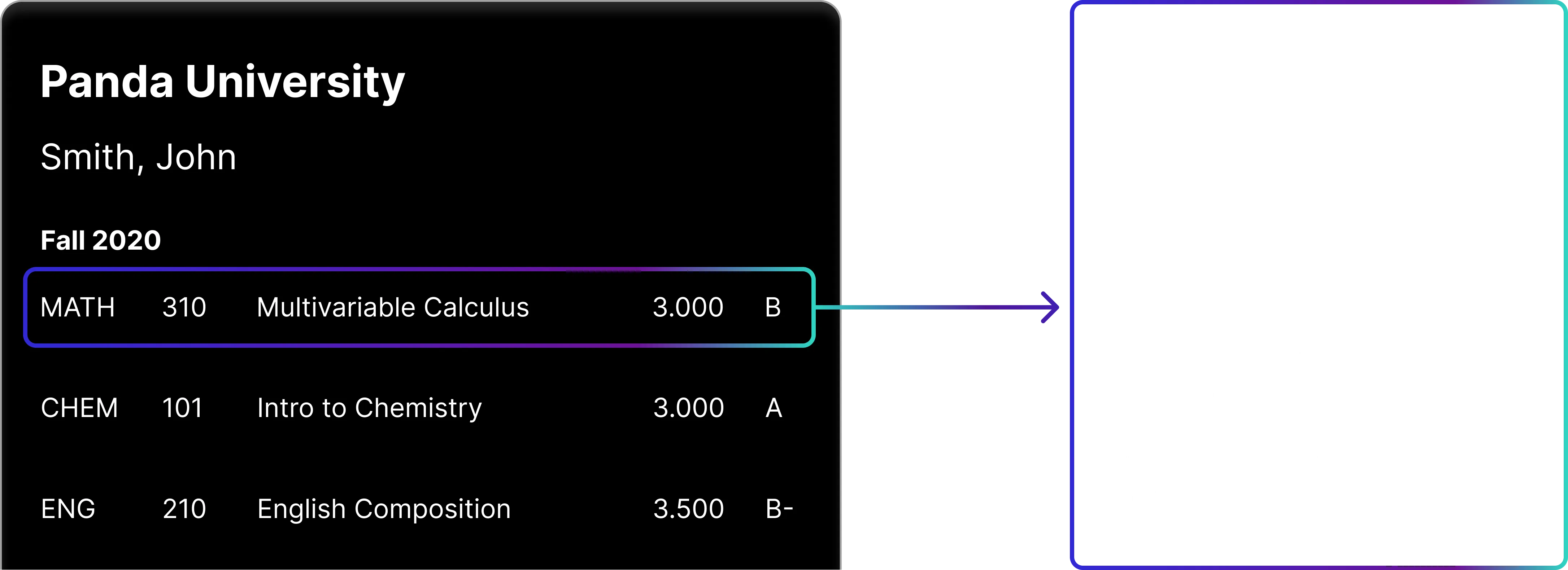 Screenshot showing transcript to course data conversion