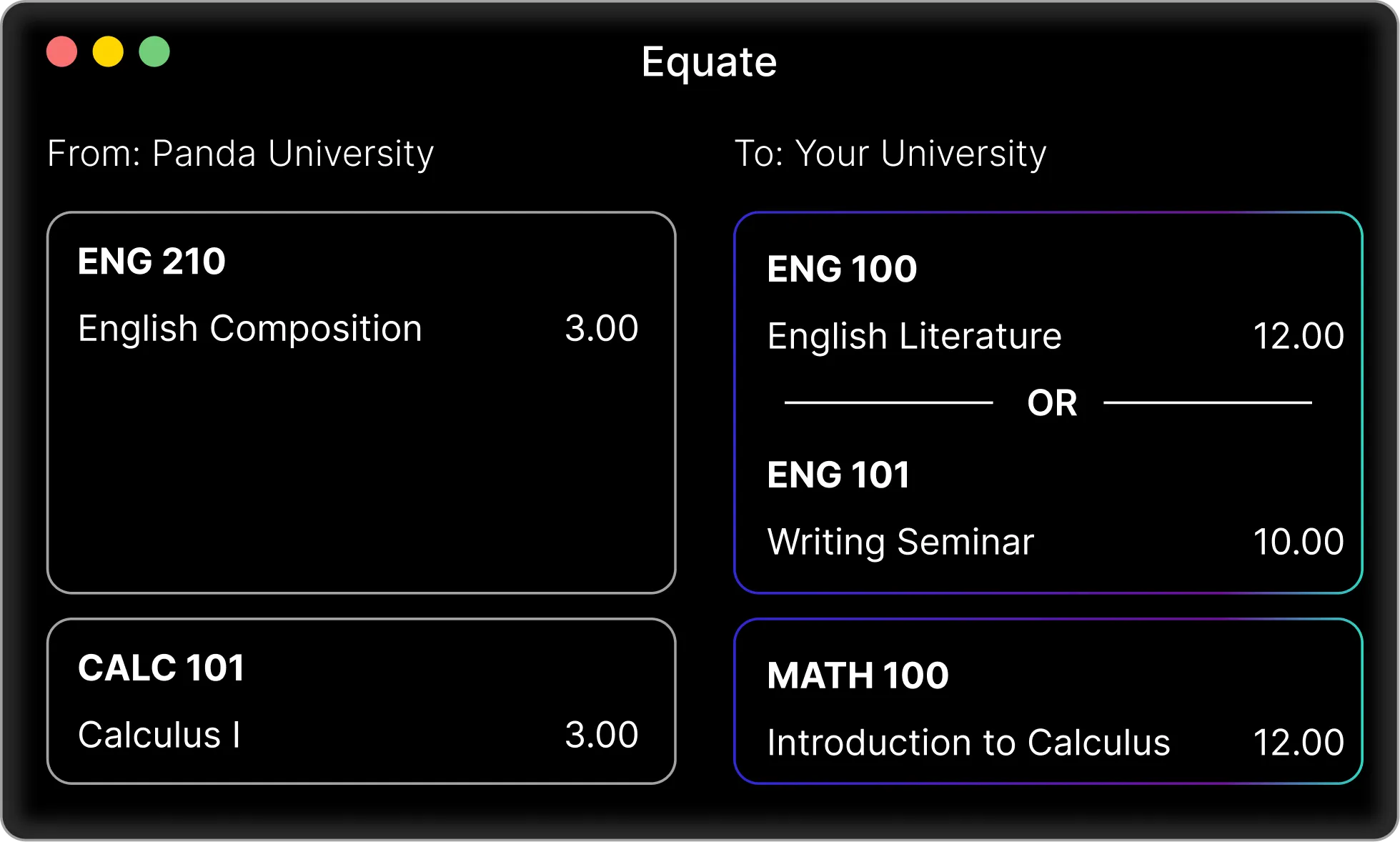 Screenshot of Equate transfer credit management interface