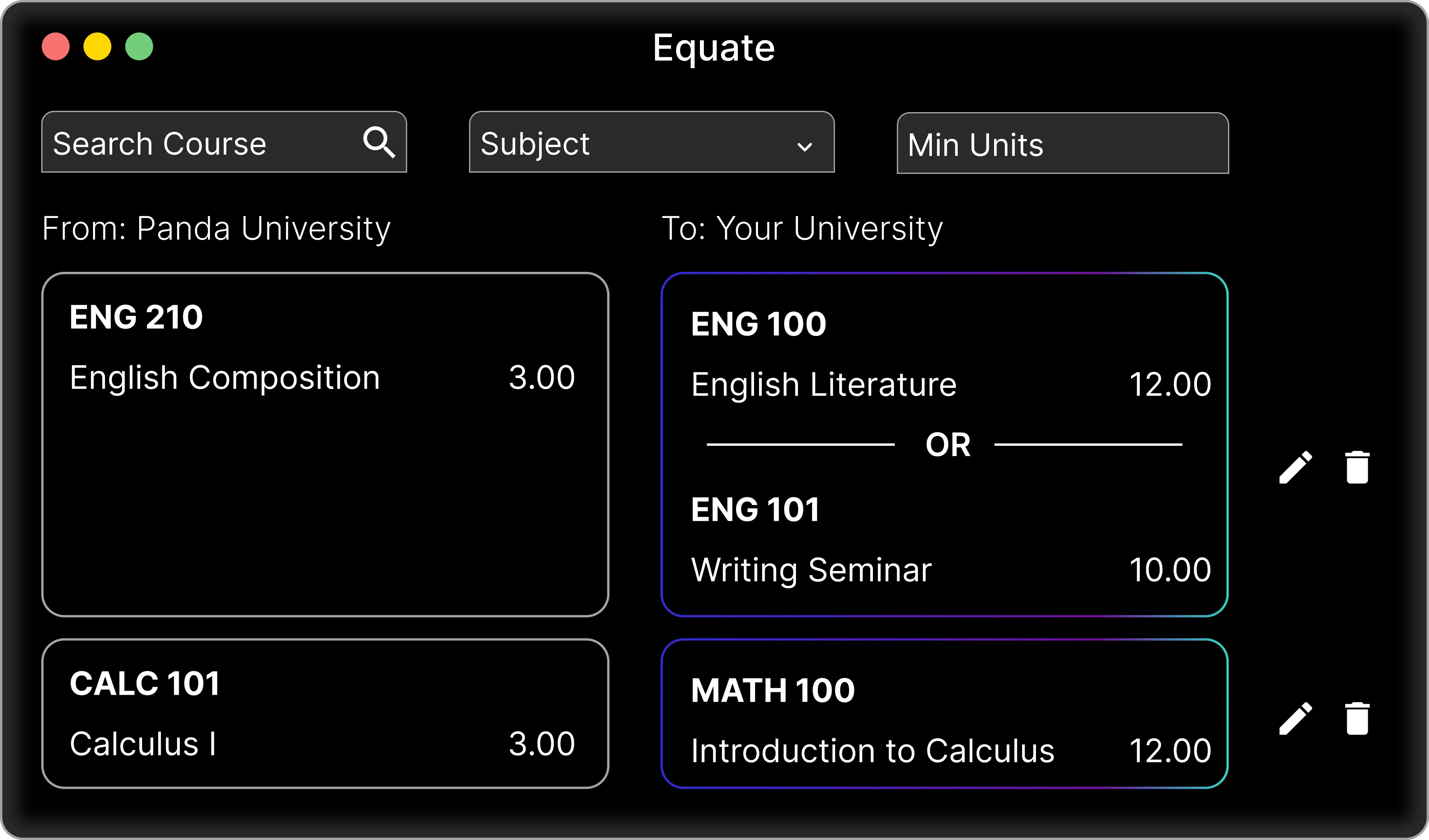 Screenshot of Equate dashboard interface